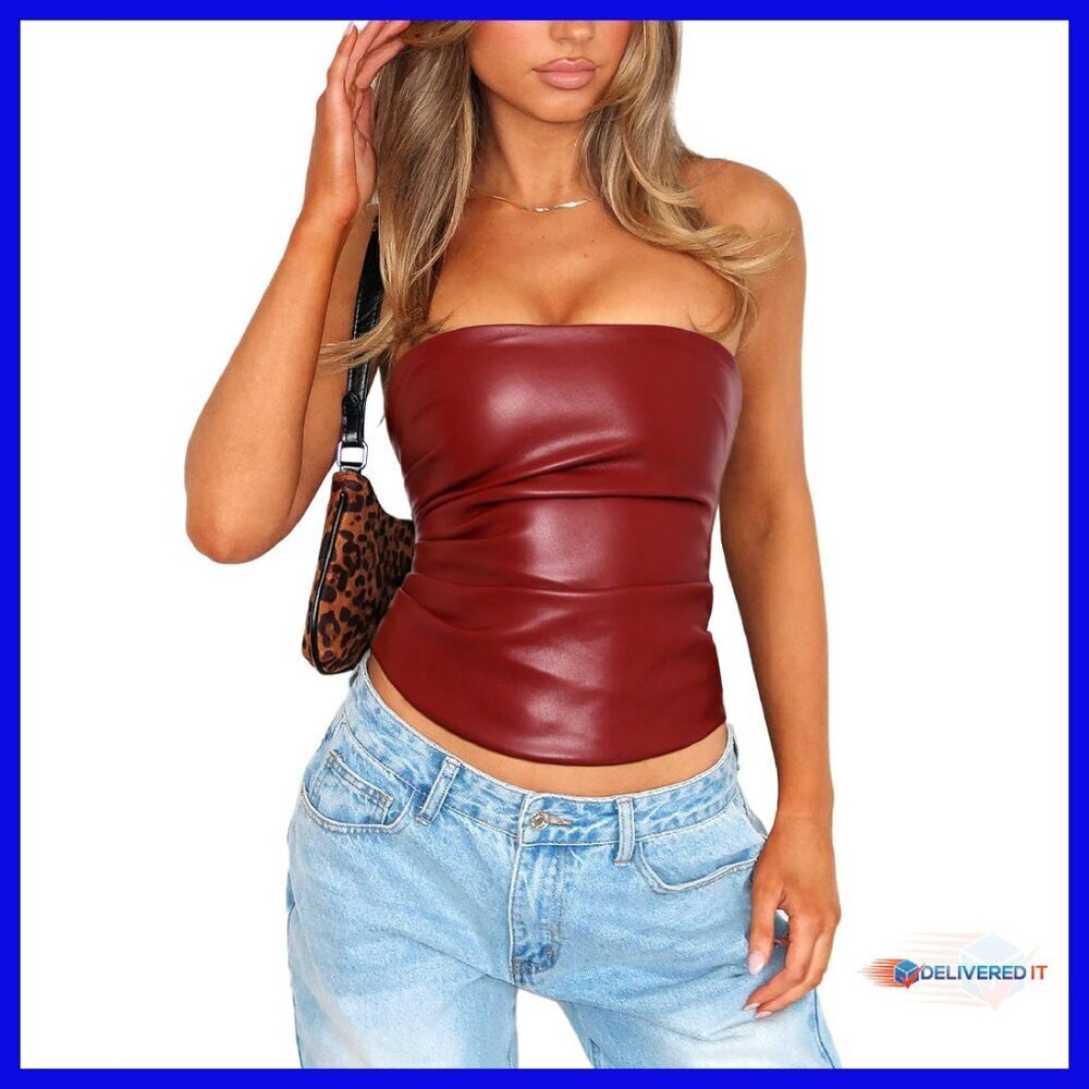 Faux Leather Tube Top Strapless Ruched Crop Top Women's Club Wear